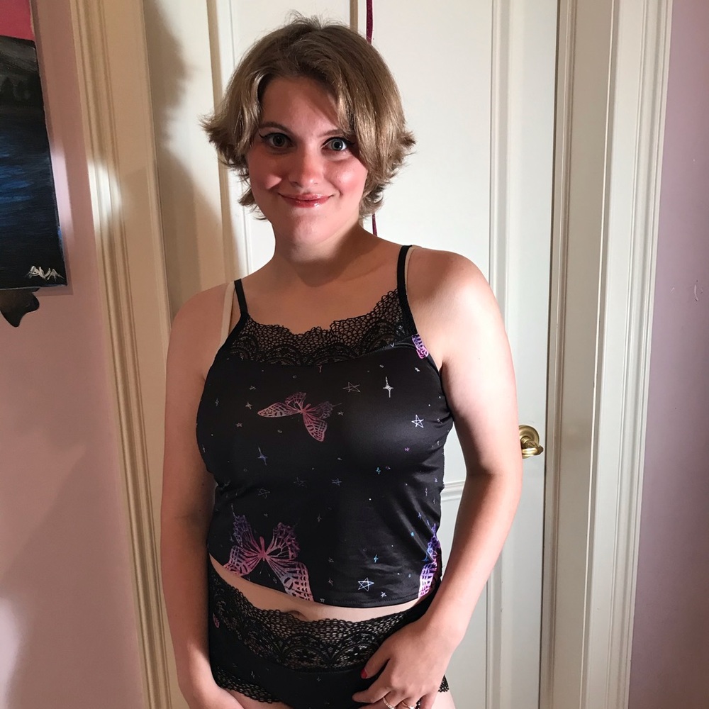 Cute Butterfly Black Silk & Lace Pajamas